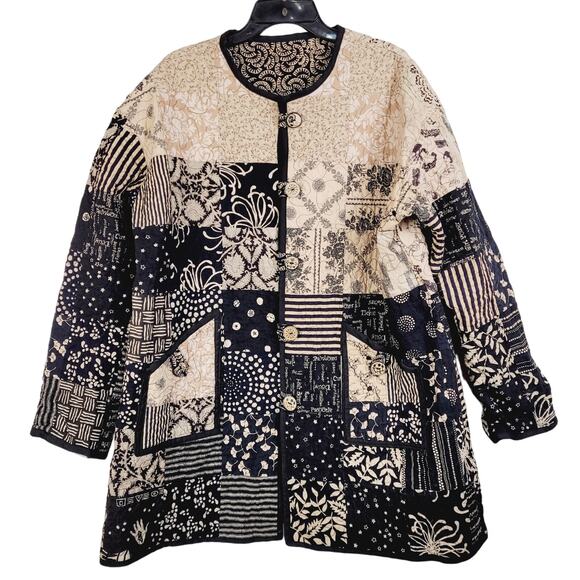 None and/or Unknown Jackets & Blazers - Vintage quilt patchwork coat Size XL black and tan Grandmacore Retro Cottage